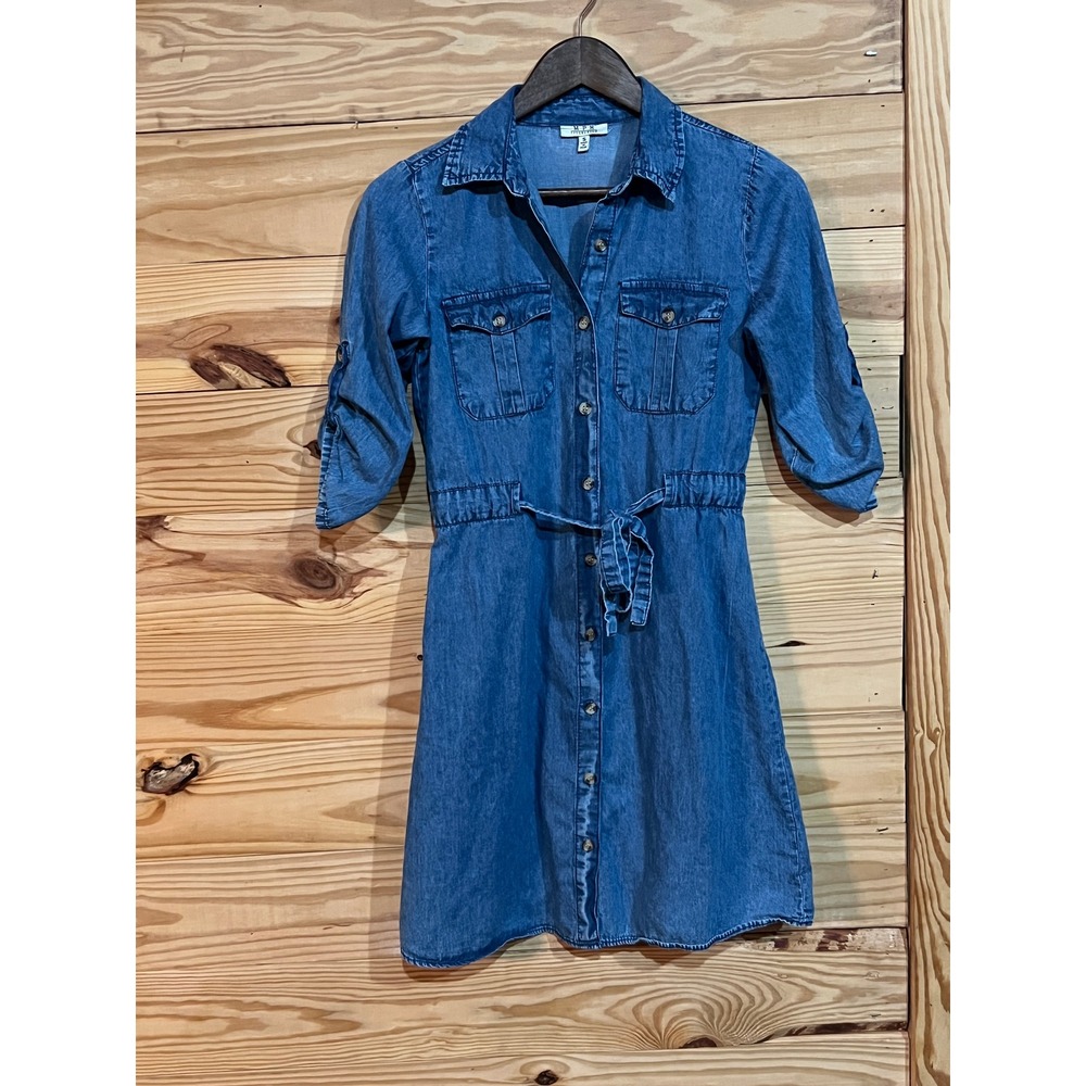 MPH Collection Blue Denim Shirt Dress Button Front Roll Tab Sleeve Small